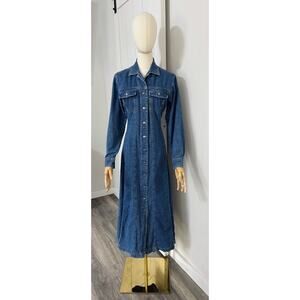 Vintage Woolrich Size S Blue Denim Button Front Maxi Shirt Dress Western 90s